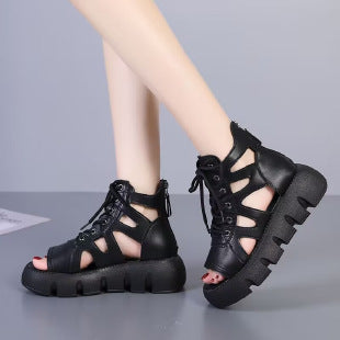 Sandal Boots Women's Retro Platform Lace-up Fashion Hollowed-out Breathable Casual High-top