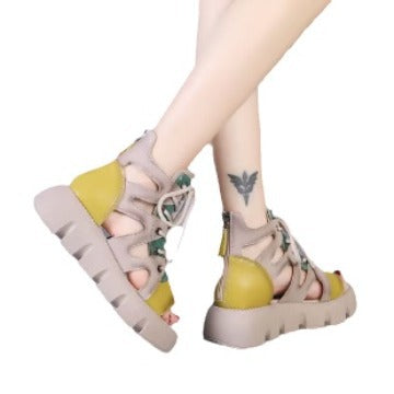 Sandal Boots Women's Retro Platform Lace-up Fashion Hollowed-out Breathable Casual High-top