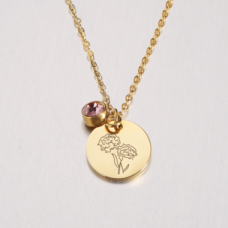 Stainless Steel Birthday Flower And Birthstone Necklace Pendant