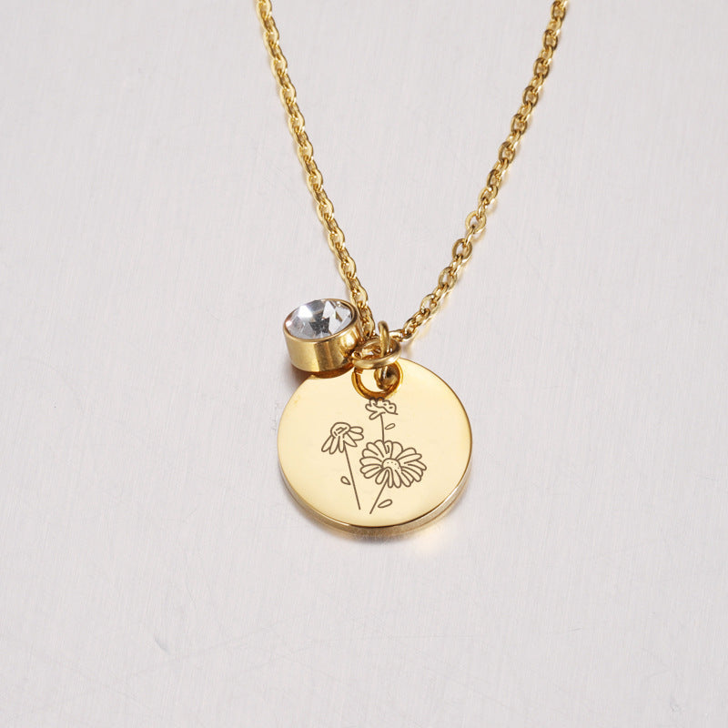 Stainless Steel Birthday Flower And Birthstone Necklace Pendant