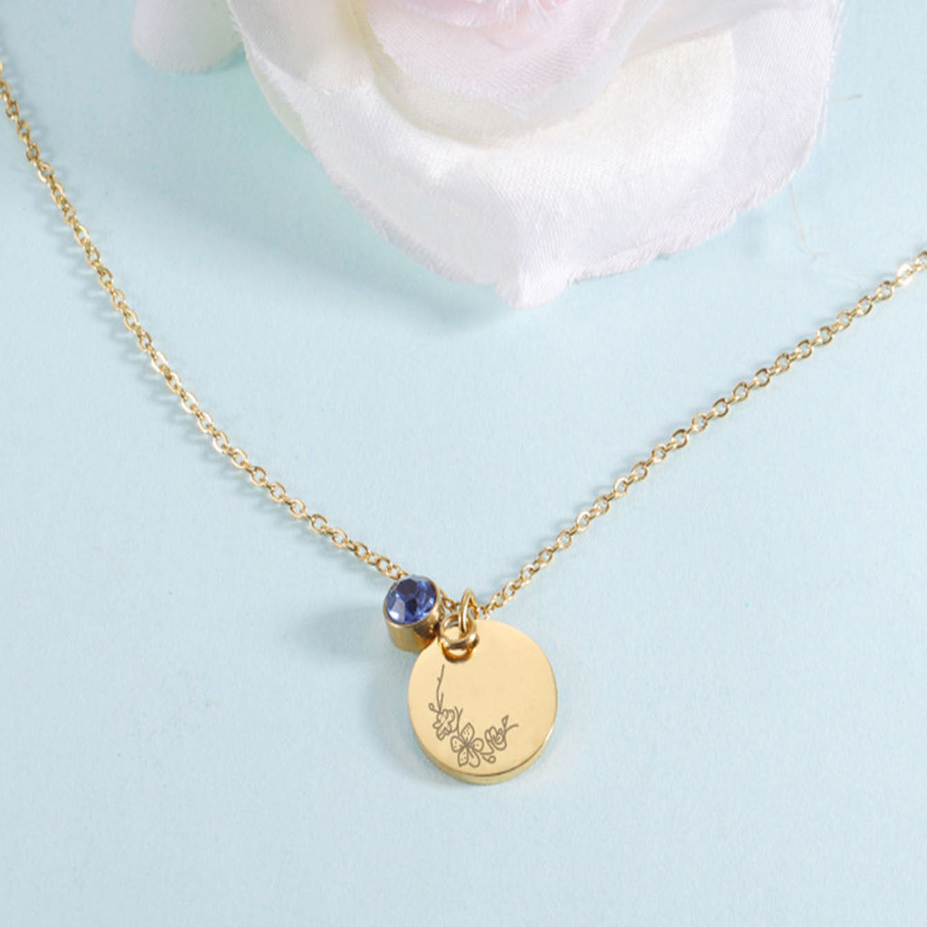 Stainless Steel Birthday Flower And Birthstone Necklace Pendant